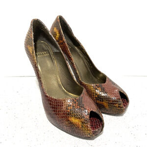 Stuart Weitzman 'Victoria' Brown Python high heel platform peep toe pumps US 9M